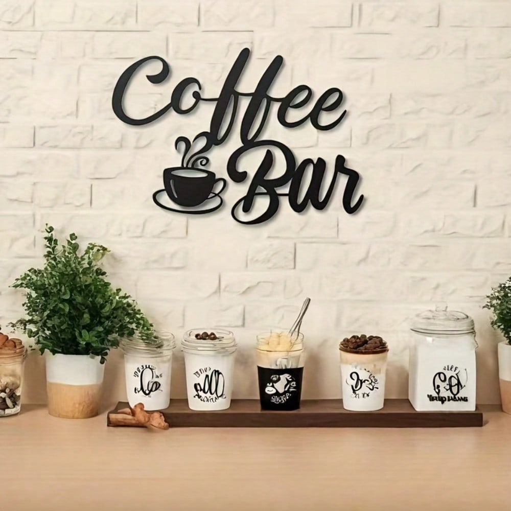 Vintage Schwarzes Metall Kaffeetasse Wanddeko mit Buchstabenschild für Bauernhaus Küche & Café
