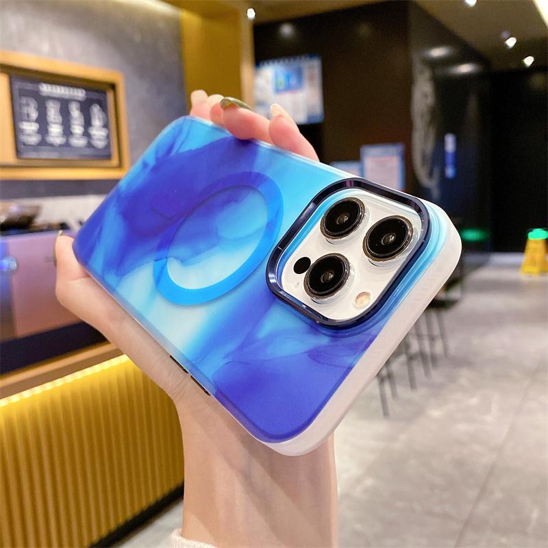 Luxury Watercolor Phone Case for iPhone 14 Plus Magnetic Cases Matte Marble Magnetic Transparent Cover for iPhone 13  14 Pro Max