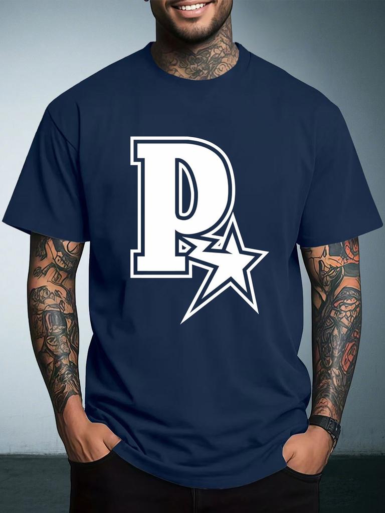 Unisex Summer White Short Sleeve Tee Bold Letter P Star Outline Graphic Print Crew Neck Loose Vintage Streetwear Male Casual Tops