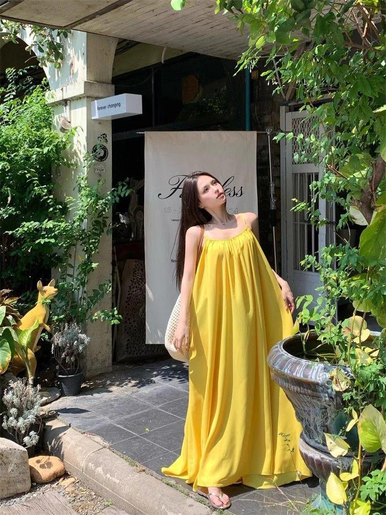 Seaside Resort Yellow Backless Spaghetti Strap A-line Summer Dress for Women