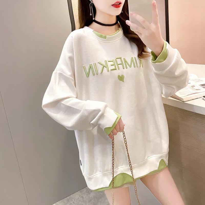 Cotton Sweatshirt Women Autumn Spring Large Size Loose Mid-Length Round Neck Sweatshirt Casual Versatile Long Sleeve Tops