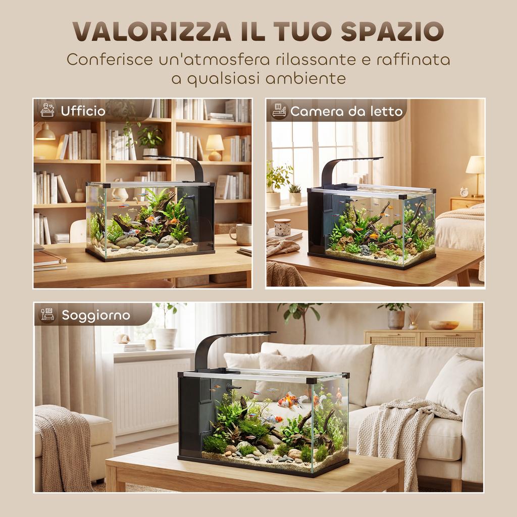 24L Tempered Glass Home Aquarium with Integrated Filter and LED Light, 45x25x25.5 cm, Black