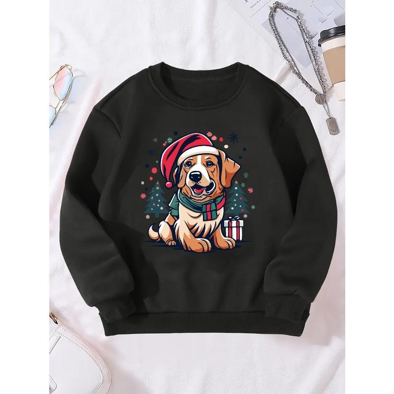 Puppy with Santa Hat Girls' Round Neck Sweatshirt