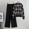 Fashion Knitted Suit Women's Autumn and Winter Jacquard V-neck Cardigan Wide-leg Pants Thin Two-piece Set