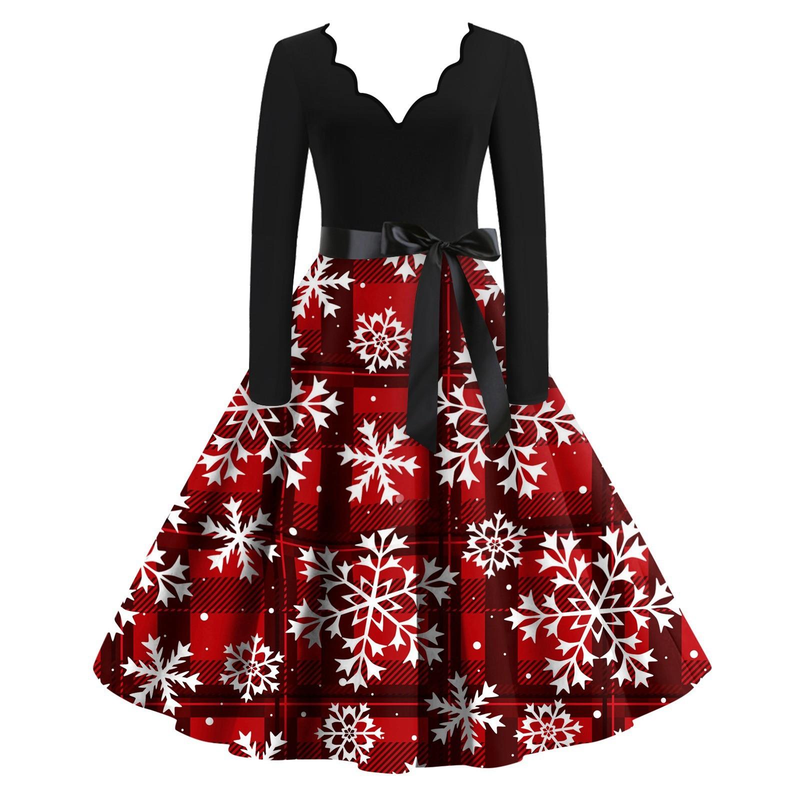 

Женское облегающее платье свободного кроя с принтом в виде снежинок и рождественской клеткой, контрастным V-образным вырезом и длинными рукавами XL горячий розовый