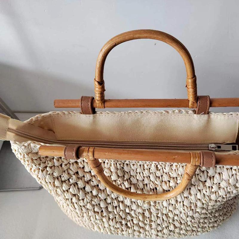Bolsa de Palha com Alça de Madeira Feita à Mão com Corda de Papel Bolsas de Mão Tecidas Boêmia Bali Sacolas de Viagem para Praia para Mulheres Sacola Tote Vazada