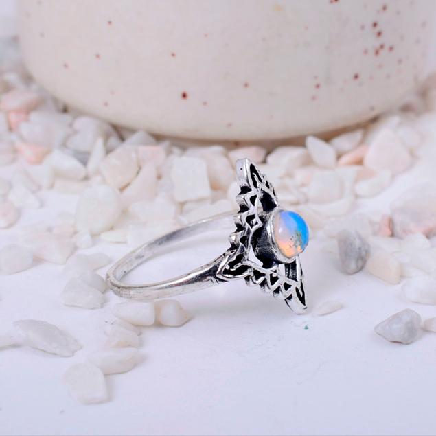

Handcrafted Vintage-Style Silver-Toned Ring with Ornate Filigree and a Round Cabochon Moonstone Gemstone 5