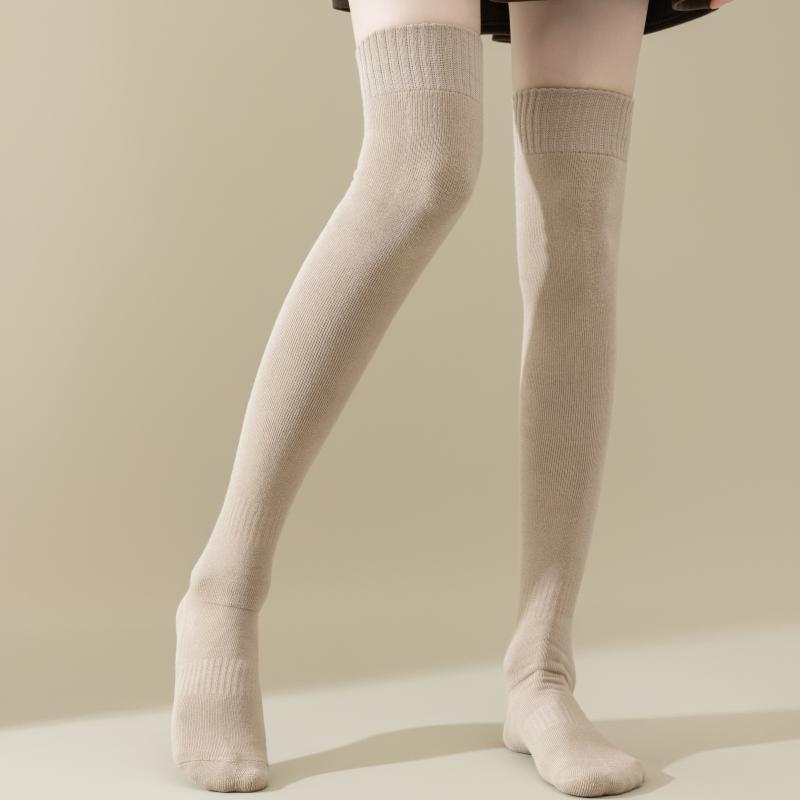 Korean Style Women's Fleece-Lined Over-the-Knee Socks - Thick, Warm Terry for Autumn/Winter