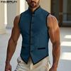 INCERUN Men Stand Neck Sleeveless Stitching Slim Waist Thin Waistcoat Tops