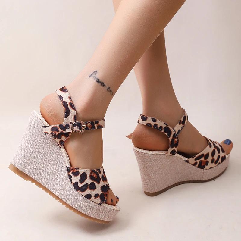 Fashion Vintage Leopard Print Platform Sandals for Women Summer Buckle Wedge High Heel Sandal Female Outdoor Anti-Slip Sandalias Mujer