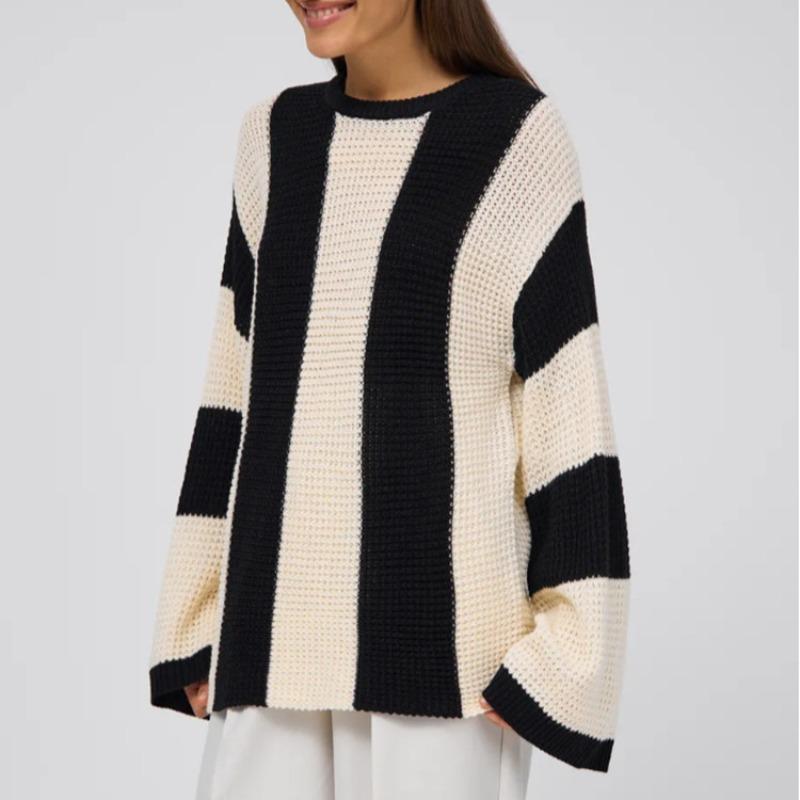 Crew Neck Striped Women's Long Sleeve Autumn Bottom Shirt Top Sweater Contrast Color Simple Wind Knitted Sweater Women's Loose