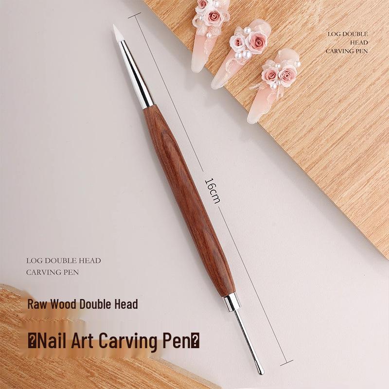 Dual-ended Sandalwood Handle Nail Art Pen: Multi-functional Japanese Silicone Gel Mixer, Carving Tool, Scraper, Embosser, and Color Painting Tool.