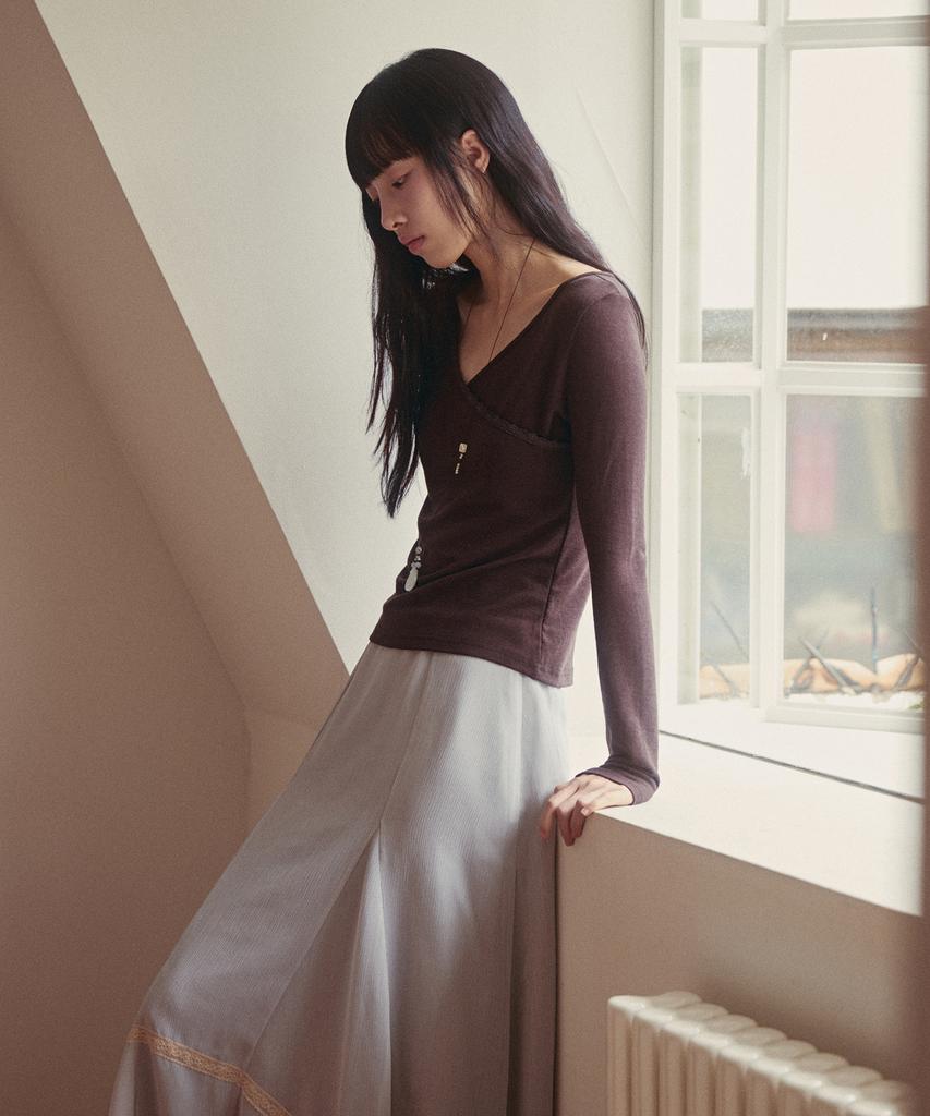 OUEL Lace Trim Jersey Top_Brown