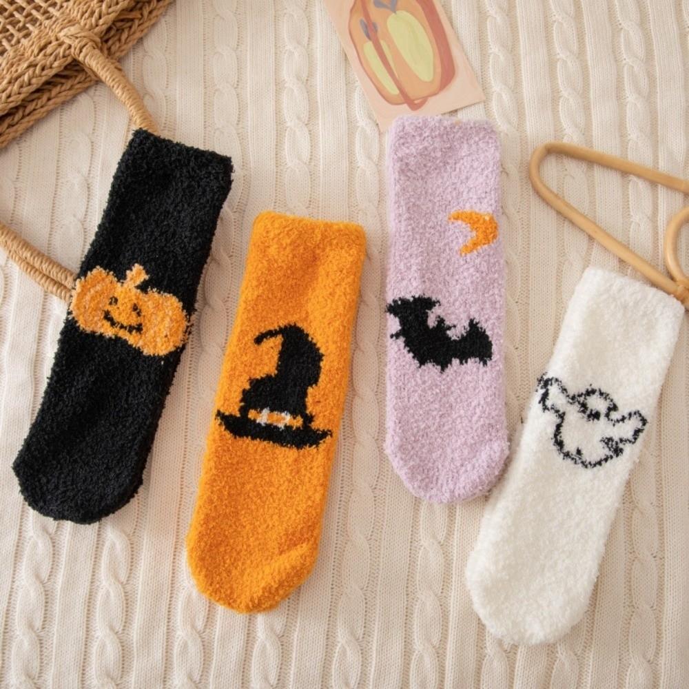 4pairs/set Soft Pumpkin Wizard Hat Tube Socks Coral Fleece Bat Ghost Mid-Calf Socks  Party