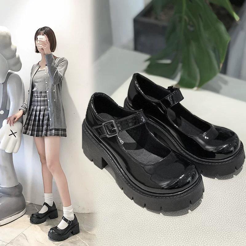 Lolita Shoes Women PU Leather Platform Mary Janes Shoes Women's Japanese Style Vintage Chunky Heels Pumps Plus Size