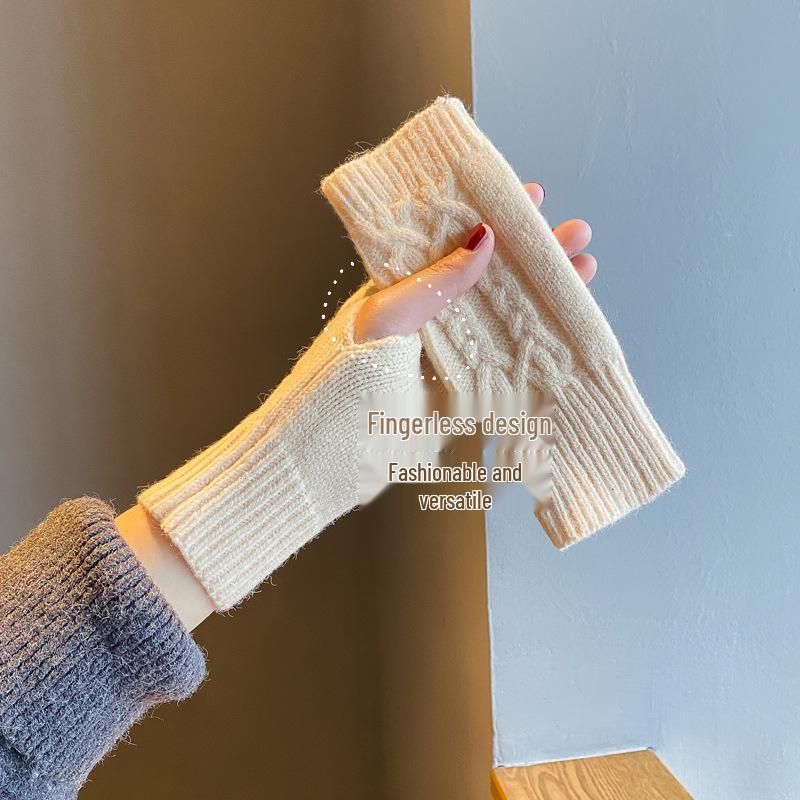 Damskie zimowe jednokolorowe rękawiczki bez palców z dzianiny kablowej ze wsparciem nadgarstka