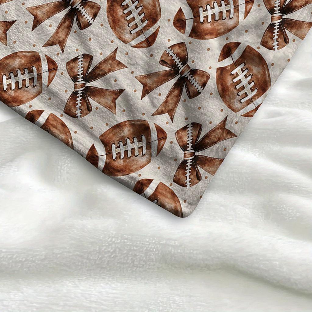 [1pc Cozy Flannel Throw Blanket] Cozy & Soft Football & Bow Pattern Flannel Throw Blanket - 1pc Light Beige with Brown & Black