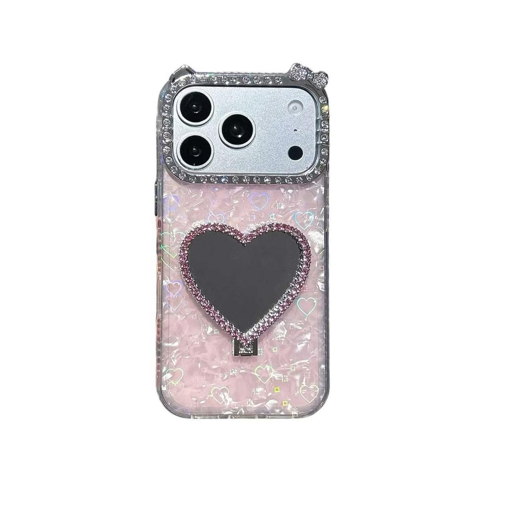 Heart-shaped Stand-Compatible iPhone Case with Inlaid Diamond Mirror and 3D Protective Design for iPhone 14-17