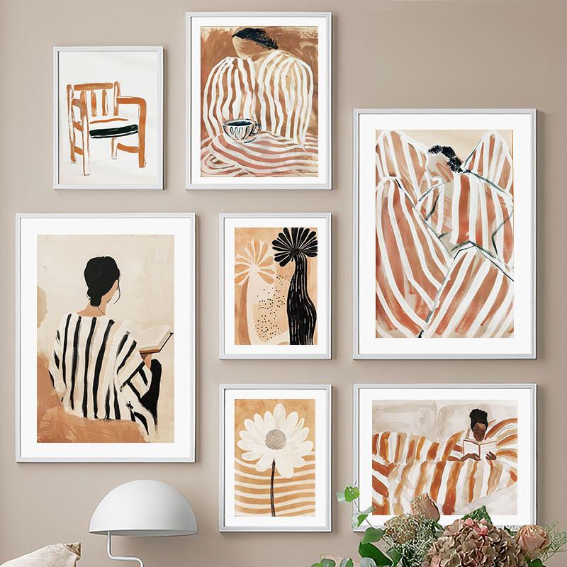 Striped Girl Book Vase Flower Wall Art Canvas Painting Abstract Posters And Prints Hotel Bar Wall Pictures For Living Room Decor