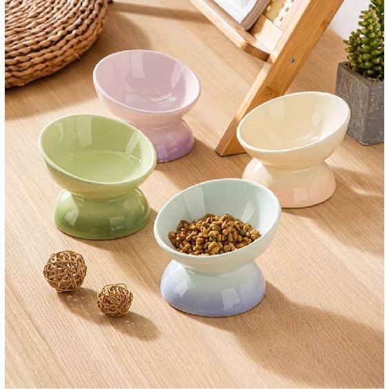 Rainbow Gradient Pet Bowl Ceramic Food Bowl Slanted Mouth Feeders for Cats