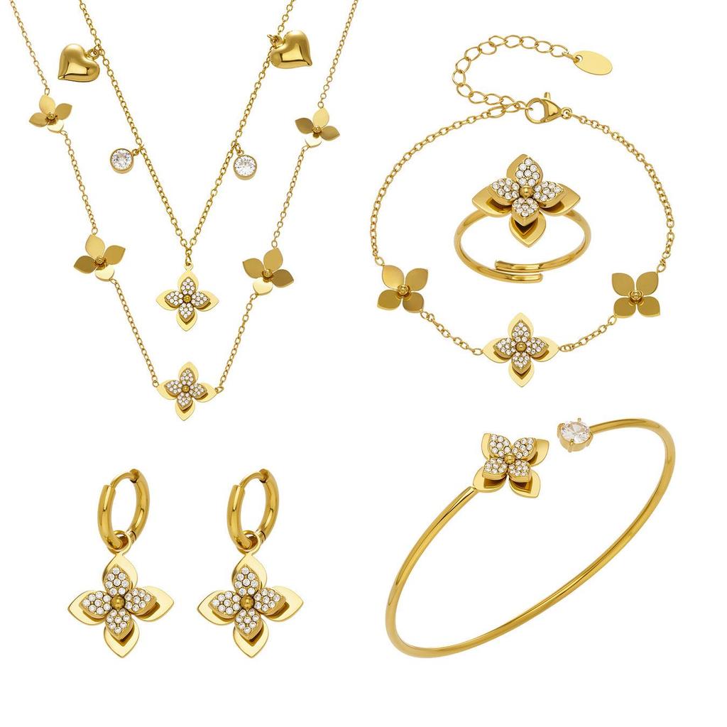 18K Gold Plated Stainless Steel Jewelry Set with Zirconia - Necklace, Bracelet, Earrings - European American Fashion Style.