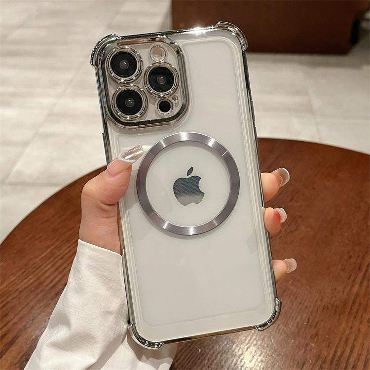 For Apple 16PRO Four Corner Anti Drop Plated Phone Case for IPhone 11/13 Solid Color CD Pattern Magnetic Protective Cover