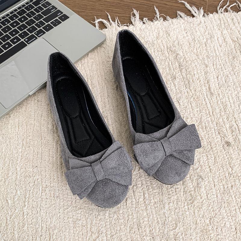 Large size flat-bottomed casual single shoes for women's new suede bow round head beanie shoes for women