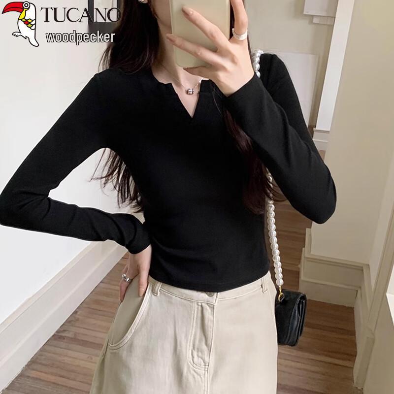 Woodpecker Women's Ribbed V-Neck Long Sleeve Slim Fit T-Shirt