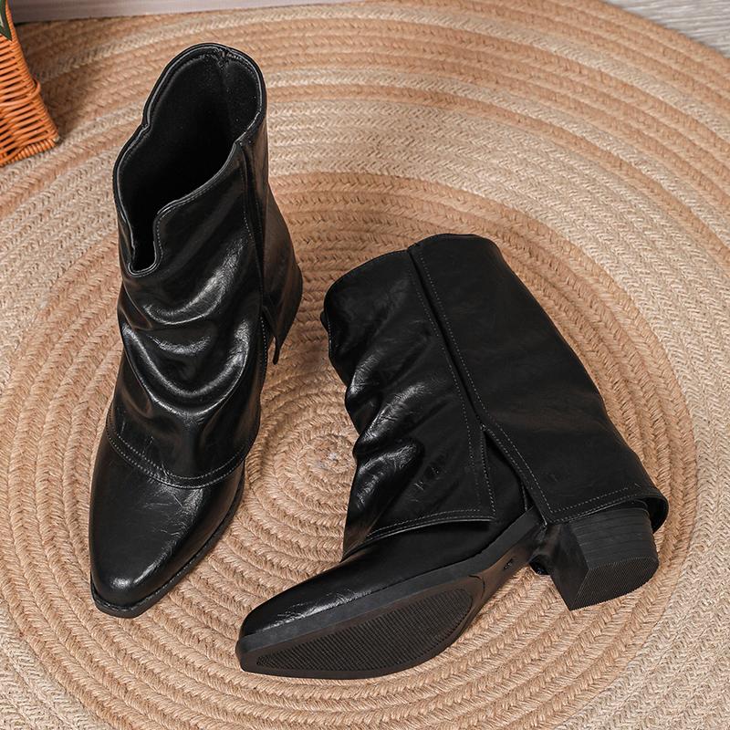 Plus Size Fashion Chunky Heel Ankle Boots Women Pointed Toe Slip On Fold Over Boots Woman Autumn Winter Black PU Leather Booties