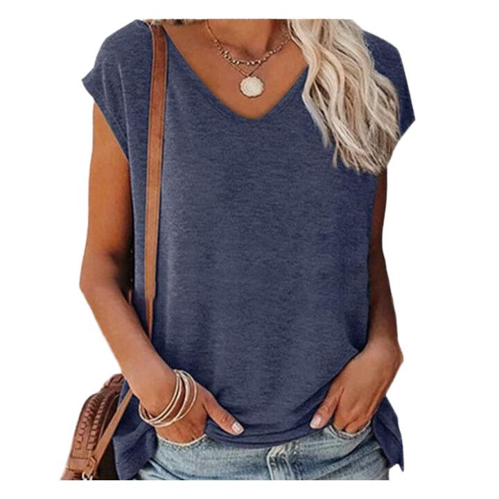 

European & American Women s V-Neck Sleeveless Summer Vest - Solid Color, Casual, Loose Fit M темно-синий