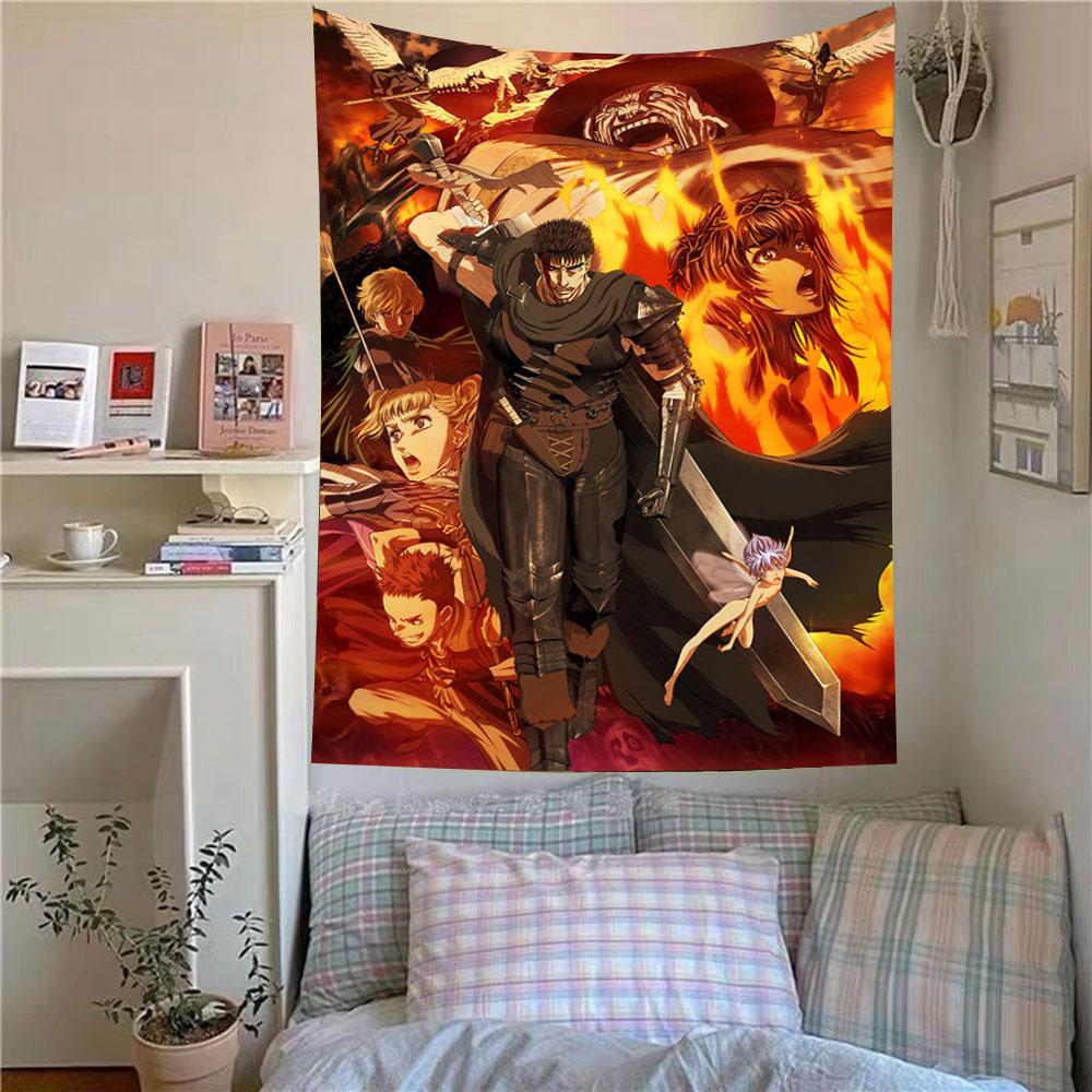 Hot Classic Anime Berserk Poster Tapestry Wall Hanging Fabric Interior Decor Tapestry Fans Room Aesthetic Decor Background Cloth