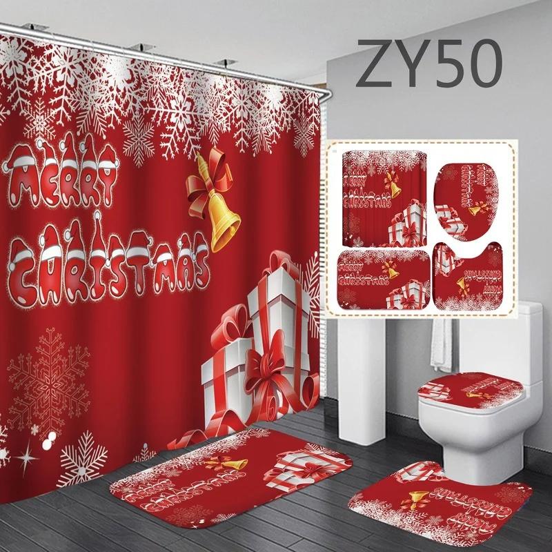 4PCS/Set Christmas Bathroom Curtains Set Santa Claus Shower Curtain Toilet Cover Mat Non Slip Rug Waterproof Shower Curtain