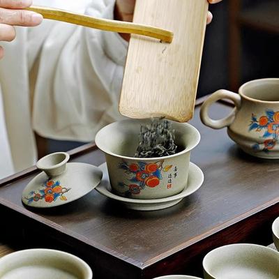 Coarse Pottery Covered Bowl Purple Clay Tea Making Bowl Kung Fu Tea Set Hand-held Bowl Sancai Gaiwan Home and Office Tea Maker