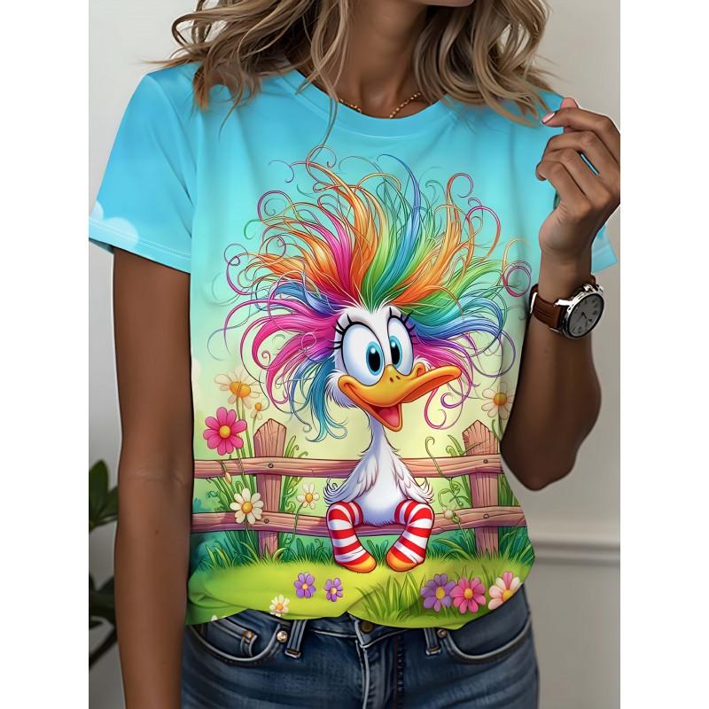 Womens Slim Fit Short Sleeve T-Shirt With 3D Cartoon Animal Print Digital Printing Casual Top