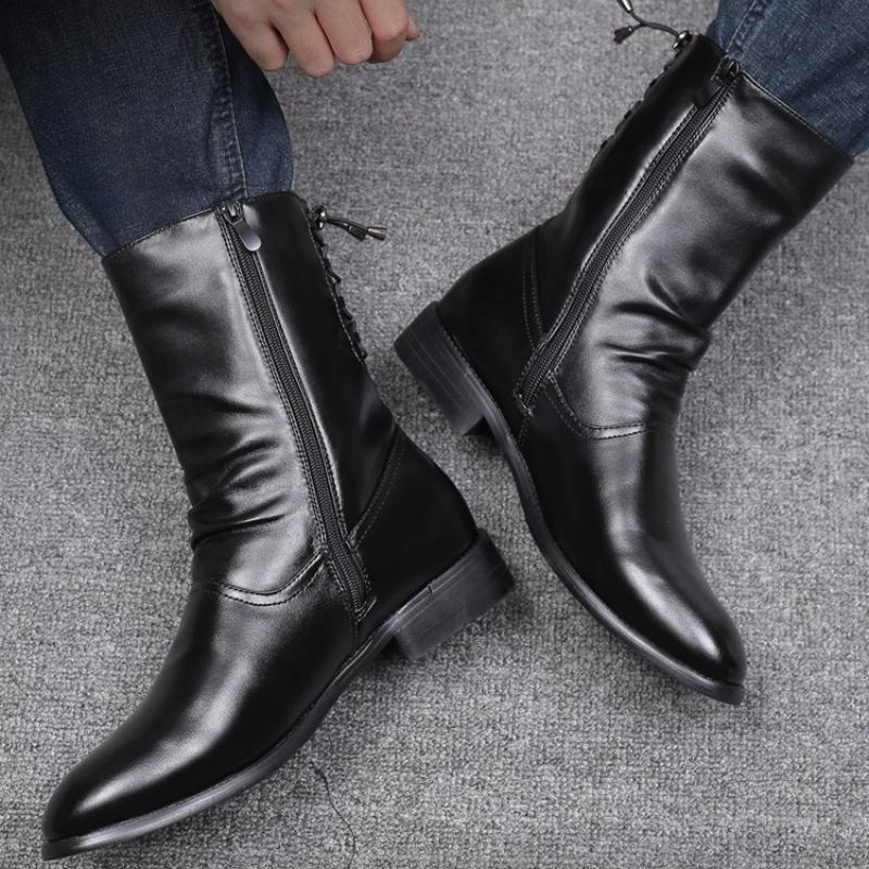 Stivali da Uomo in Pelle di Alta Qualità Neri Stivali da Moto di Design Punk Rock Stivali a Metà Polpaccio Scarpe Alte alla Moda Botas Masculino