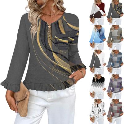 Women's Casual Fashion Ruffle V-Neck Pocket Print Long Sleeve Top