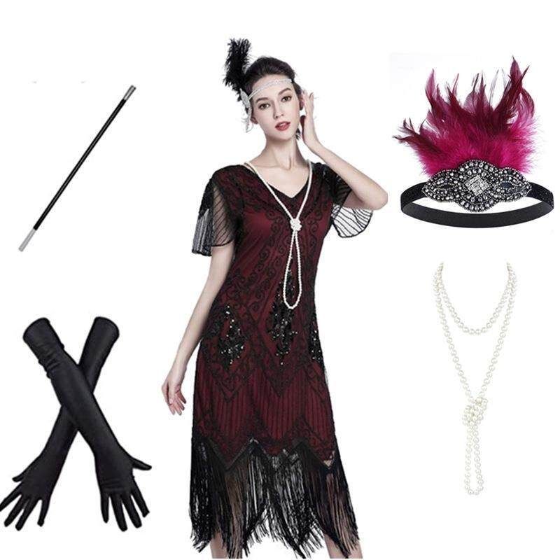 

1920S Retro Gatsby Beads Tassel Dress Sequined Cocktail Party Evening dress Set Delivery Red 2 XL