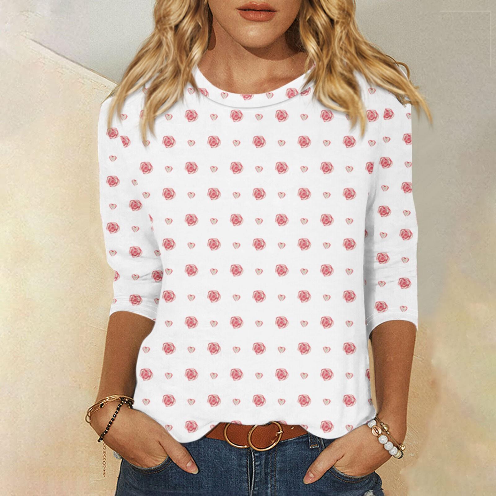 

Женская мода, повседневная свободная футболка с принтом на День святого Валентина и круглым вырезом, рукав 3/4, женский топ S белый