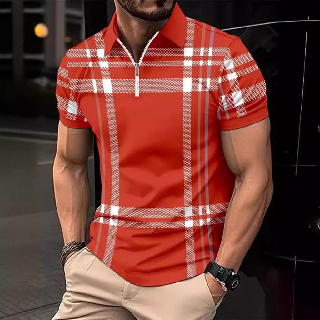 Letní kostkované tričko s krátkým rukávem Pánská ležérní polokošile s klopou