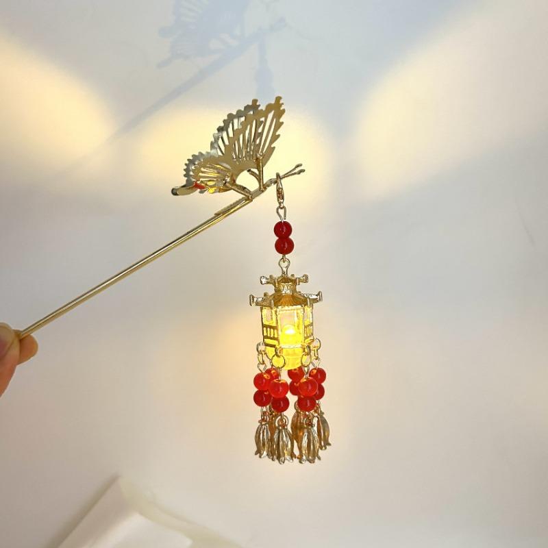 Broche Lanterne de Palais Ancienne, Broche Lumineuse Haut de Gamme à Franges, Coiffe Féminine, Accessoires de Cheveux Hanfu beige