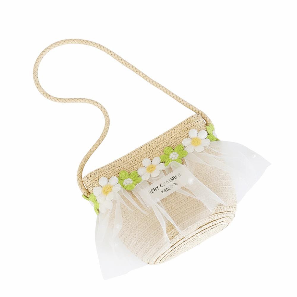 Wide Brim Children Sun Hat Pearl Decoration Breathable Material Sun Hat Straw Material Lace Trim Shoulder Bag Girls Accessories