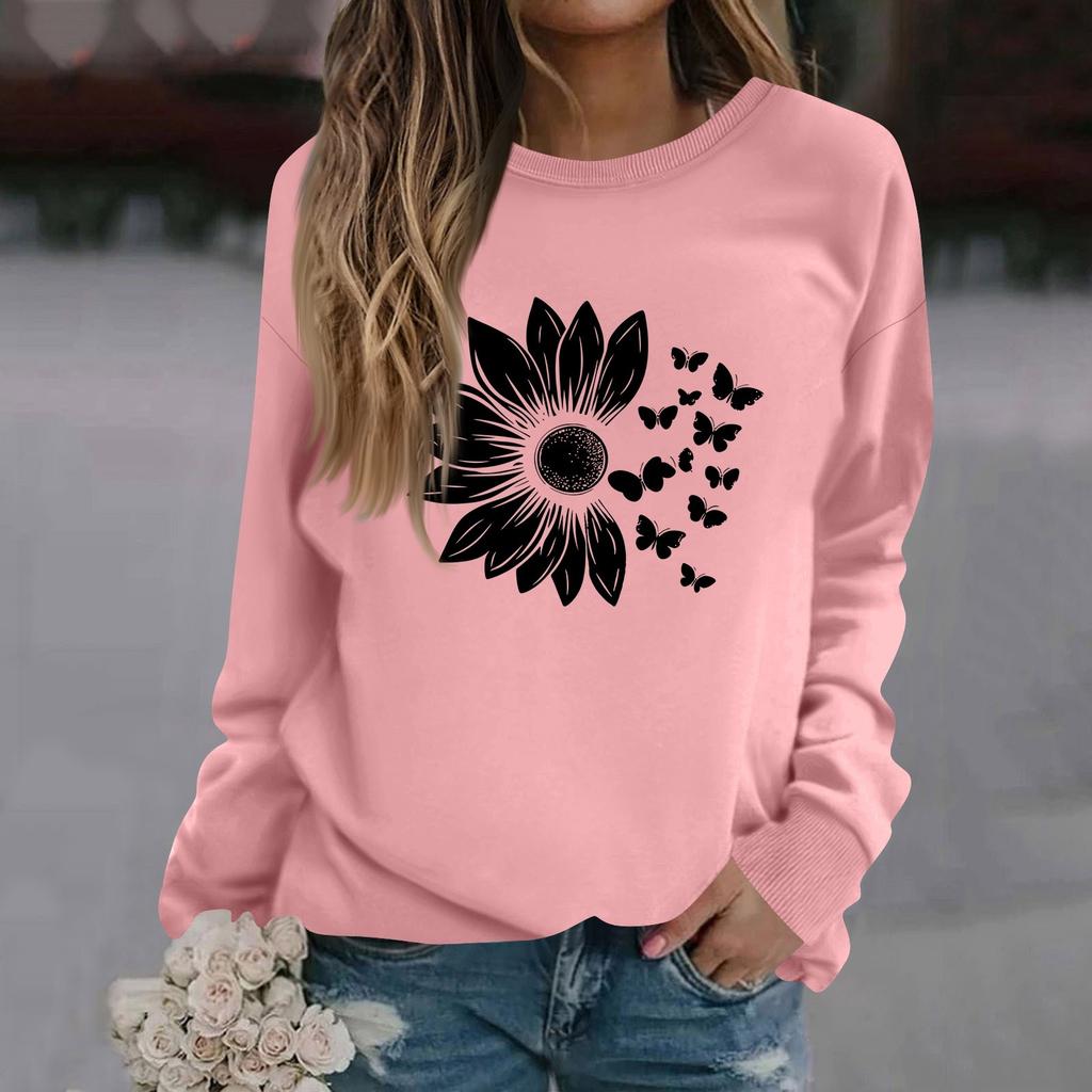 Women's Fashion Casual Long Sleeve Solid Color Printed Round Neck Top Sweatshirt