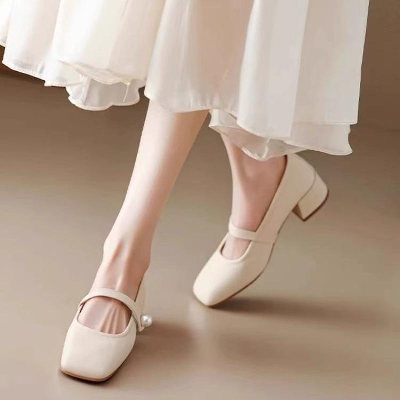 Pearl Square Head Single Shoes Women's Autumn New Models with Temperament Mary Jane Women's Shoes