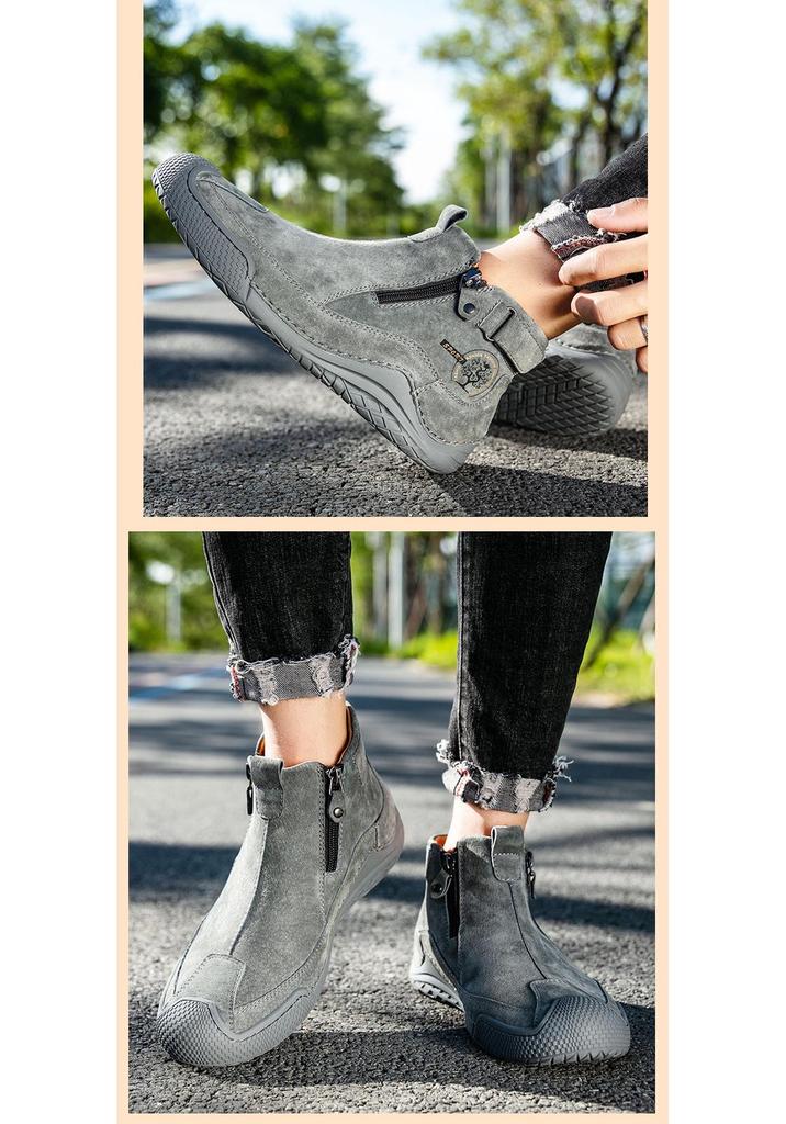 Men's Autumn Mid-top Casual Leather Boots with Side Zipper and Thick Sole