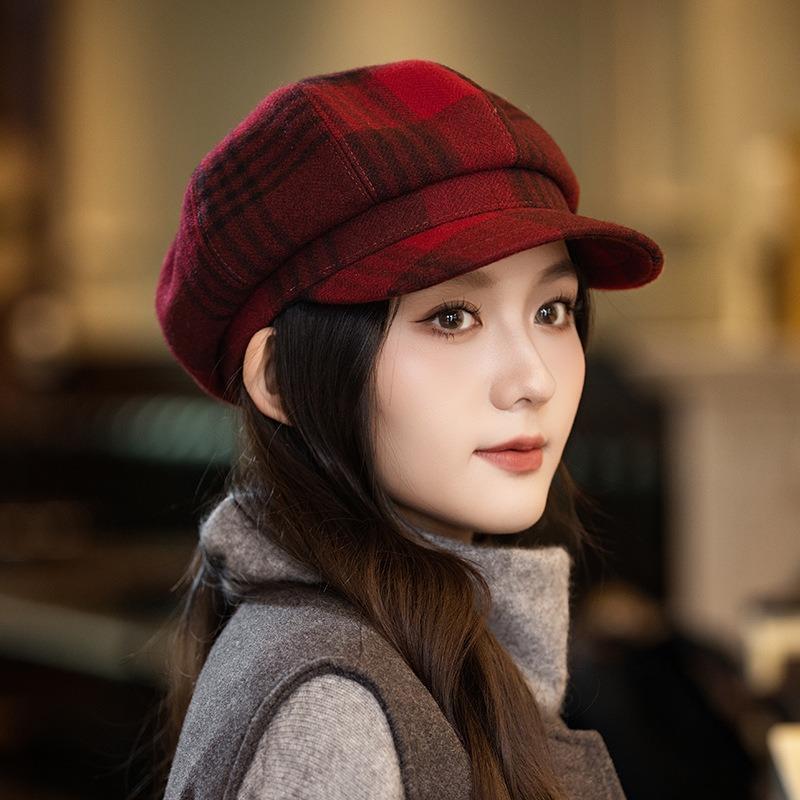 Retro Plaid Octagonal Hat Autumn Hat Women's Big Head Circumference Showing Face Small Beret Versatile Painter Hat
