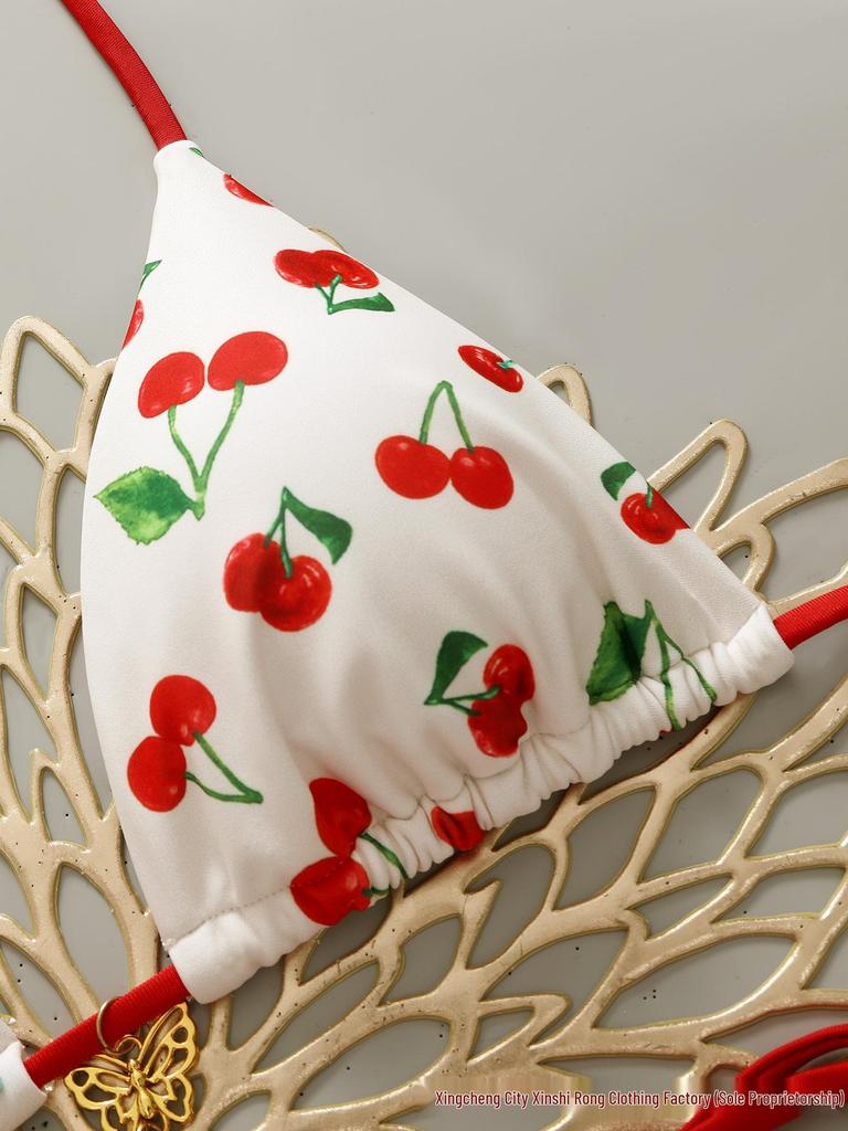 Cherry Print Backless Three-Piece Bikini Set - European American Style, 2026 Collection