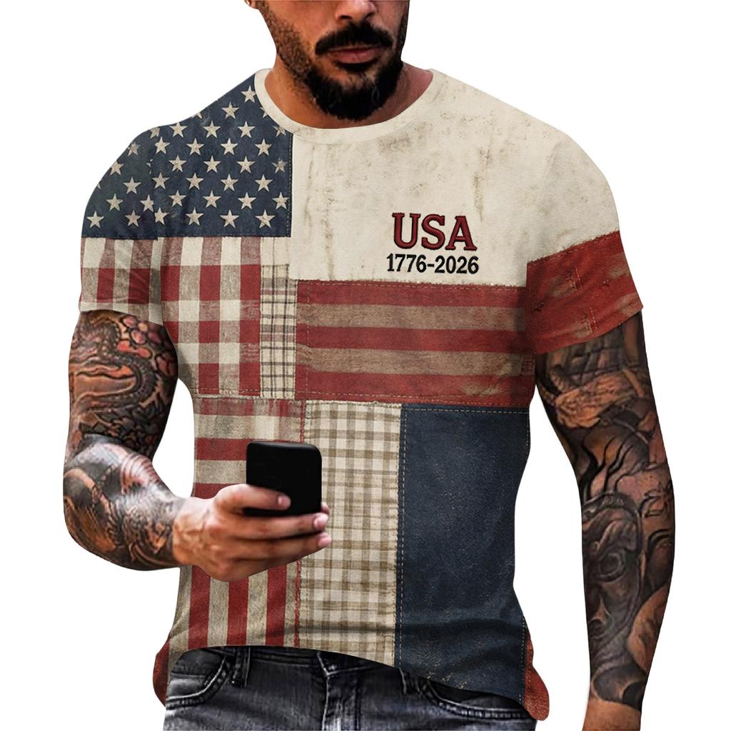 Men's Loose And Casual Flag-print T-shirt, Short Sleeve Shirt