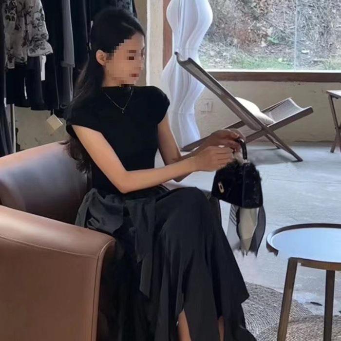 Black Round Neck Patchwork Dress: Women s Trendy Irregular Mid-Length Skirt Medium чёрный