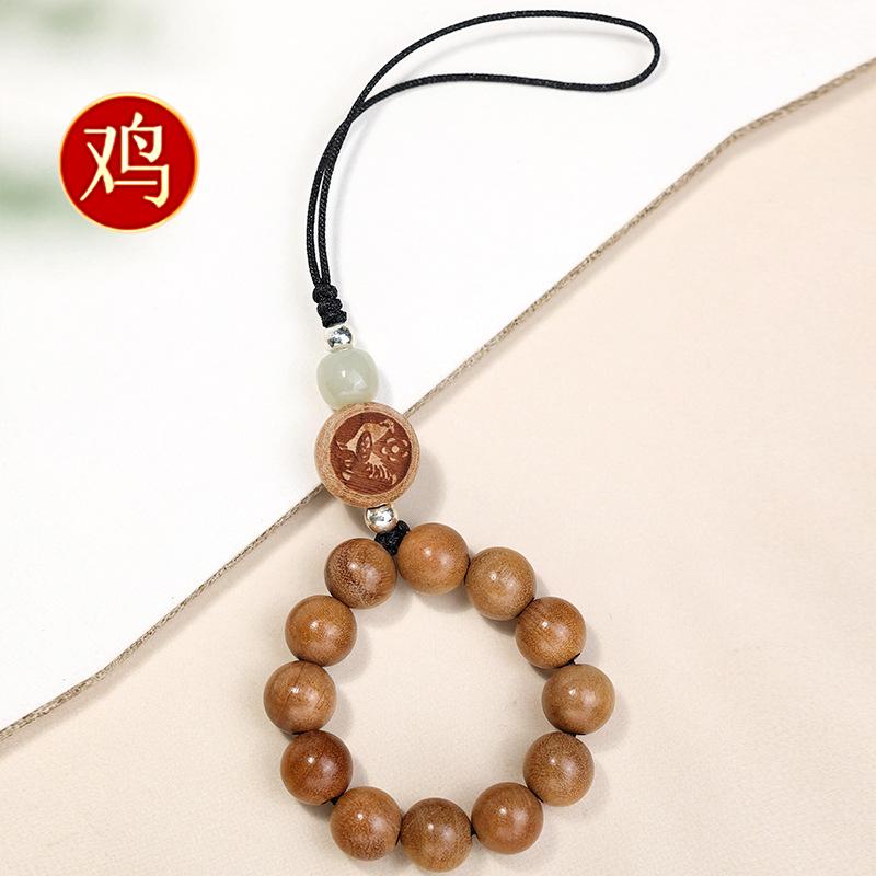 New model of 12 zodiac signs mobile phone chain for women, made of old peach wood, with old sandalwood mobile phone case lanyard and keychain