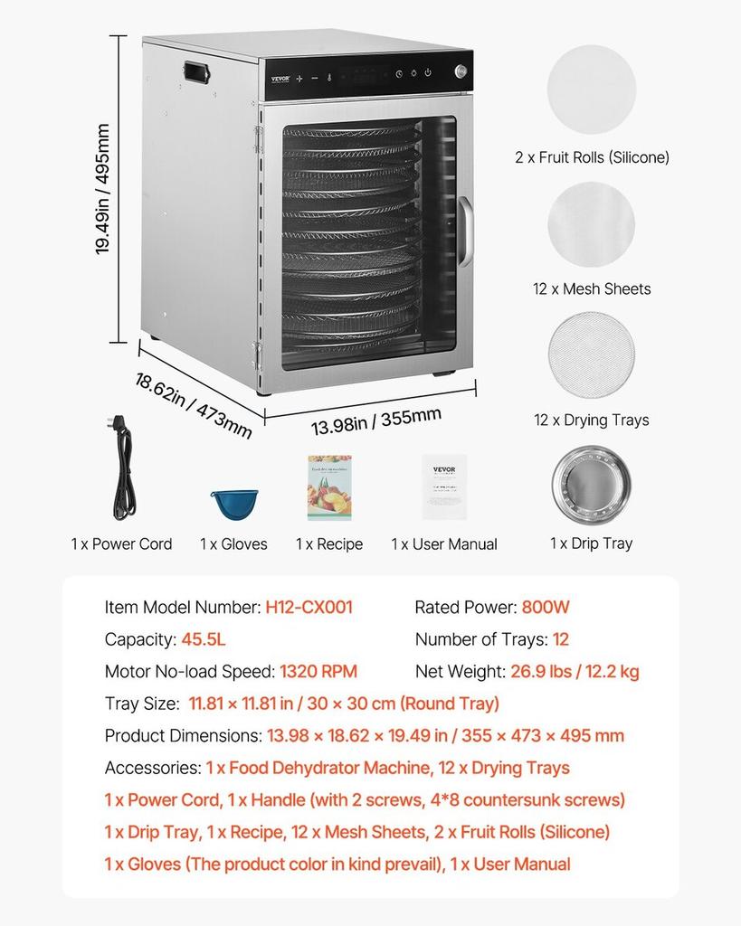 12 Trays Rotary Food Dehydrator Machine Stainless Steel 800W Fruit Drying